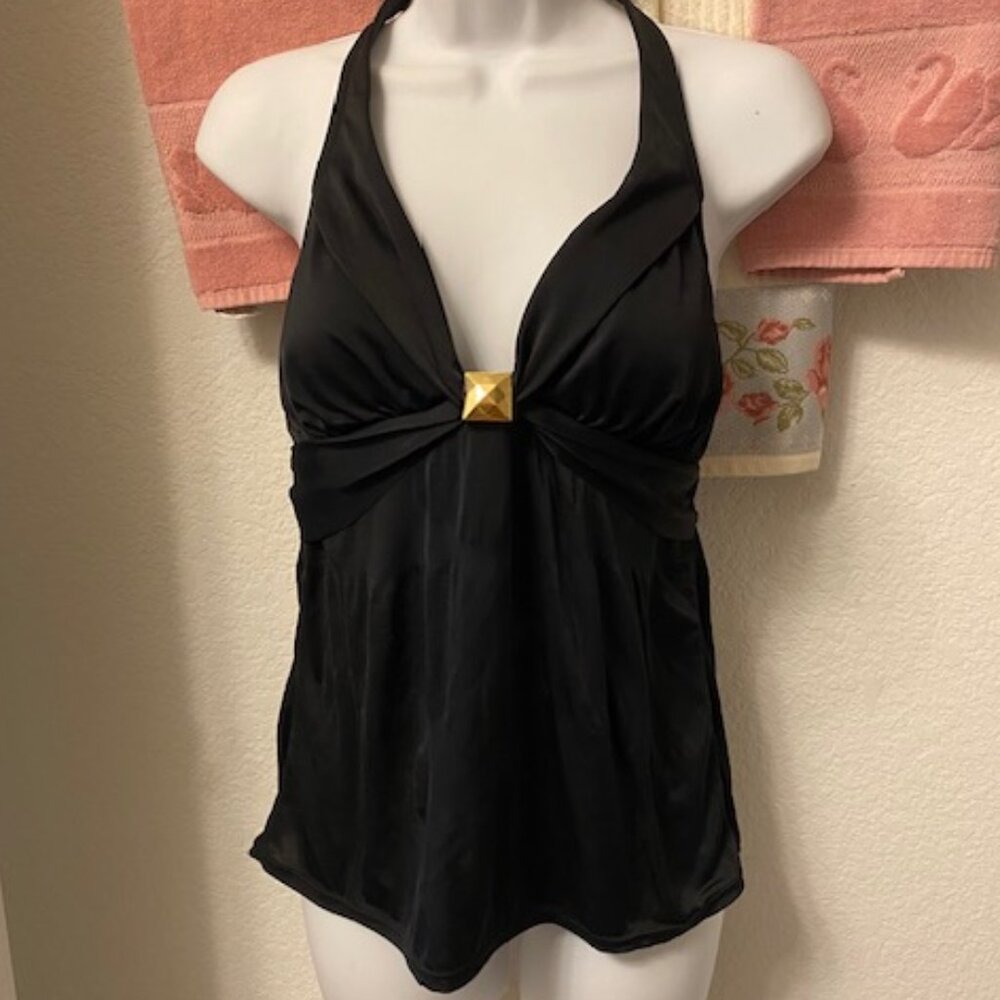 BLACK Halter TANKINI Swim Top ~ Deep VEE w GOLD medallion ~ Longer length ~ sz 6